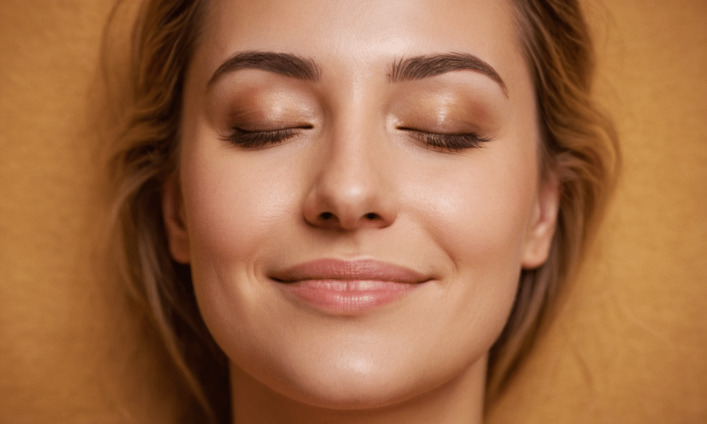 Mujer practicando visualización con afirmaciones para rejuvenecer piel.